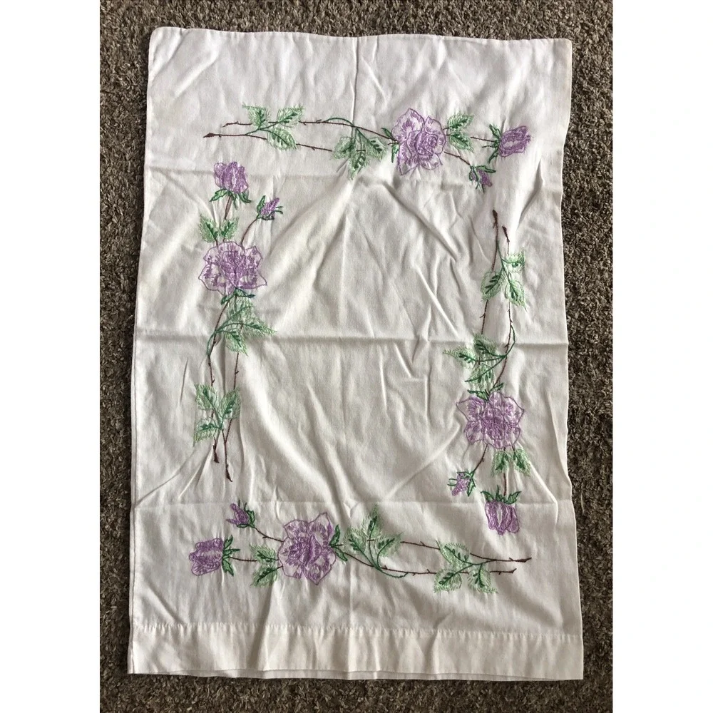 Vtg Embroidered Pillow Cases Pair 30x20 Purple Roses Green Leaves Cottagecore